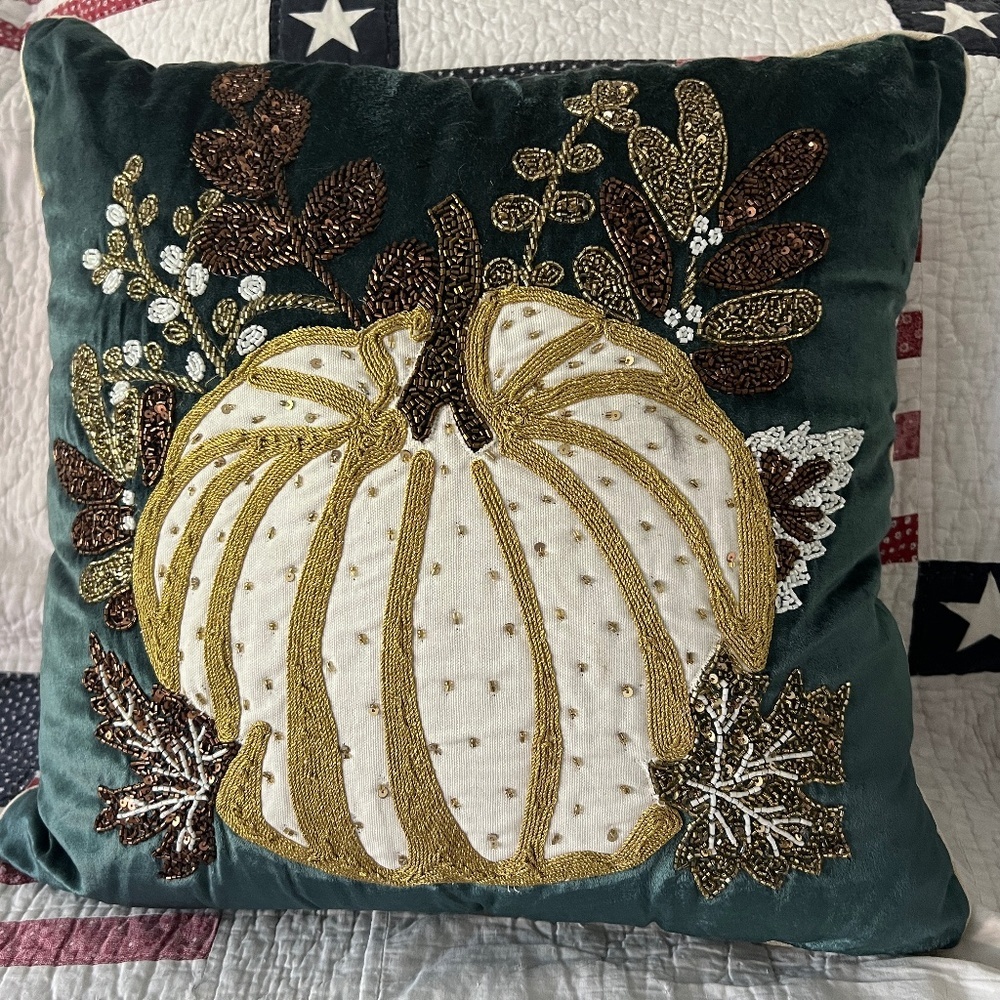 Emerald Velvet Gold Beaded Pillow Pumpkin Halloween Contemporary Embroidered